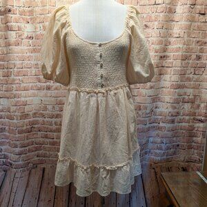 Love Richie Dress Smocked Bodice Mini Natural Puff Sleeve Size Large NWT